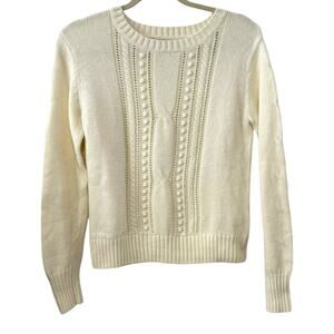 Hive & Honey Small White Cream Cable Knit Sweater Angora Blend Crew Neck